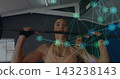 Lifting central woman in sports bra pressing barbell overhead at gym, with hexagonal AR overlay 143238143