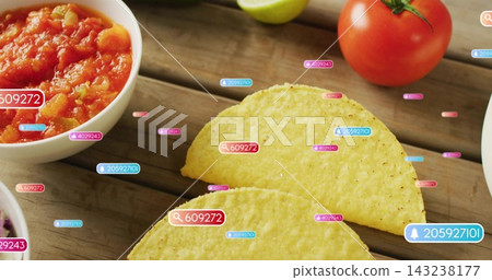2 yellow corn taco shells sitting on wood table, showing salsa, tomato-lime, UI-tags magnifier bell 2 yellow corn taco shells sitting on wood table, showing salsa, tomato-lime, UI-tags magnifier bell 143238177