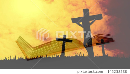 Sun descending, casting backlight, combined cross and open book motif emerging, showing faith Sun descending, casting backlight, combined cross and open book motif emerging, showing faith 143238288