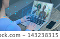 Typing woman in blue top on porch table using laptop, viewing couple with green bottles, padlock 143238315