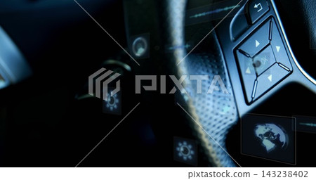 Focusing right steering wheel rim inside car with perforated-leather and control-pad, HUD icons Focusing right steering wheel rim inside car with perforated-leather and control-pad, HUD icons 143238402