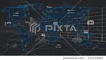 Displaying neon-blue global map over receding grid, showing hex clusters and orange node markers Displaying neon-blue global map over receding grid, showing hex clusters and orange node markers 143238461