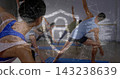 Stretching woman wearing blue top leaning in studio, blue mats, shield padlock overlay, copy space 143238639