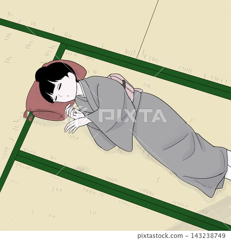 一位身著和服的女子在榻榻米上打盹——秋日生活 一位身著和服的女子在榻榻米上打盹——秋日生活 143238749