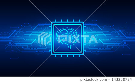 Artificial Intelligence Microchip with Glowing Brain Icon and Electronic Circuit Traces on Dark Blue Background Artificial Intelligence Microchip with Glowing Brain Icon and Electronic Circuit Traces on Dark Blue Background 143238754