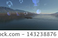 Crew starting motor and piloting marine barge across fjord, graphics over sky matching crew route 143238876