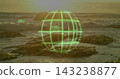 Hovering green wireframe globe projecting above rock platforms at sunset, with floating data blocks 143238877