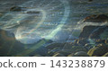 Breaking waves crashing against rocky shoreline at coast, showing rounded boulders and HUD overlay 143238879