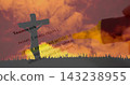 Torch emitting yellow beam from right, cutting Teamwork text and sky, lighting cross, showing unity 143238955