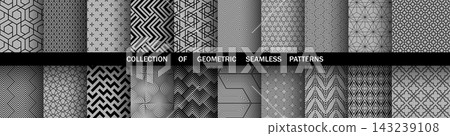 Geometric set of seamless black and gray patterns. Simple vector graphics Geometric set of seamless black and gray patterns. Simple vector graphics 143239108