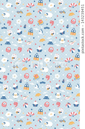 New Year's greetings and background for the Year of the Sheep in 2027 in Japan - Cute Japanese patterns of sheep and auspicious symbols - Vertical, light blue, blue New Year's greetings and background for the Year of the Sheep in 2027 in Japan - Cute Japanese patterns of sheep and auspicious symbols - Vertical, light blue, blue 143239451