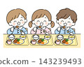 An illustration of three kindergarten children happily eating their school lunch. (Image of a mealtime scene at a nursery or kindergarten) 143239493