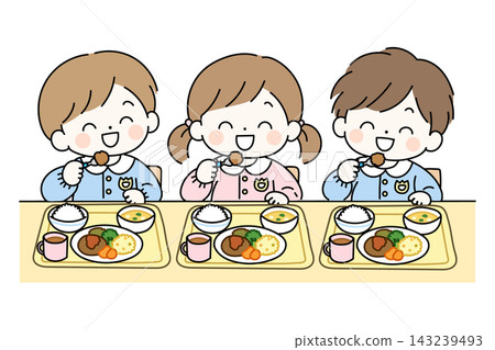 An illustration of three kindergarten children happily eating their school lunch. (Image of a mealtime scene at a nursery or kindergarten) 143239493