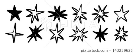 Hand drawn star and sparkle shape collection. Black brush stroke sketched twinkle set. Vector magic spark shine pack. Kid crayon asterisk doodle bundle for sticker, collage, poster, sticker, scrapbook Hand drawn star and sparkle shape collection. Black brush stroke sketched twinkle set. Vector magic spark shine pack. Kid crayon asterisk doodle bundle for sticker, collage, poster, sticker, scrapbook 143239625