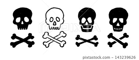 Hand drawn skull doodle set. Sketched pirate skull and crossbones collection. Cute Halloween skeleton decoration bundle. Cartoon death symbol, danger warning, caution sign pack. Vector illustration 143239626