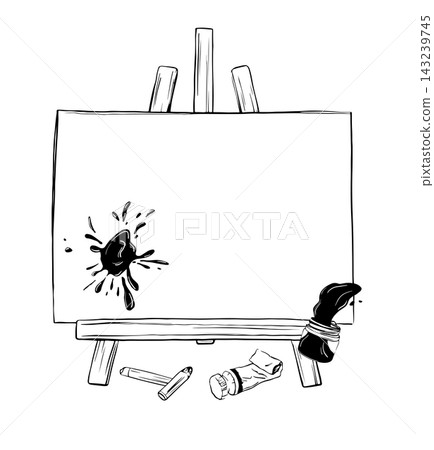 Hand drawn art school composition with easel, canvas, paint jar, tube and brush. Monochrome ink line art with copy space, isolated on white. Great for logos, labels, cards and posters. Hand drawn art school composition with easel, canvas, paint jar, tube and brush. Monochrome ink line art with copy space, isolated on white. Great for logos, labels, cards and posters. 143239745