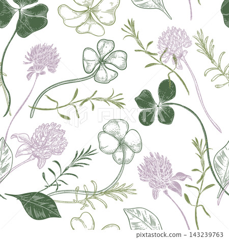 Delicate clover leaves and flowers vector seamless pattern. Hand drawn shamrock print to Saint Patrick day. Floral repeat background green pink colors for textile, wrapping paper, stationery. 143239763
