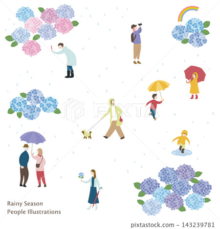 A set of illustrations depicting rainy season scenes and people. A set of illustrations depicting rainy season scenes and people. 143239781