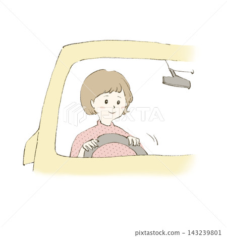 一幅插圖,描繪了一位面帶微笑的女士駕車的情景。 一幅插圖,描繪了一位面帶微笑的女士駕車的情景。 143239801