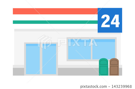便利商店外觀,有24小時營業標誌和垃圾桶。 便利商店外觀,有24小時營業標誌和垃圾桶。 143239968