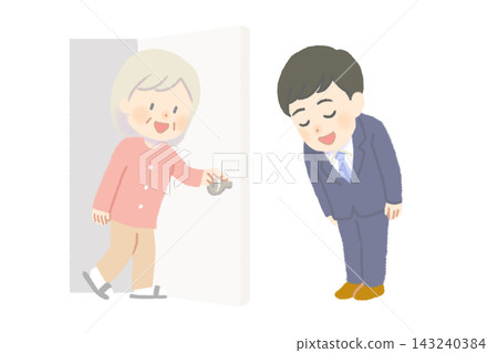 一位男商人拜訪一位年長的女客戶。 143240384