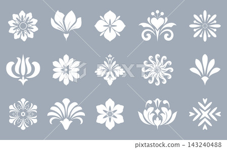 Geometric floral set of seamless patterns. White and gray vector backgrounds. Damask graphic ornaments Geometric floral set of seamless patterns. White and gray vector backgrounds. Damask graphic ornaments 143240488