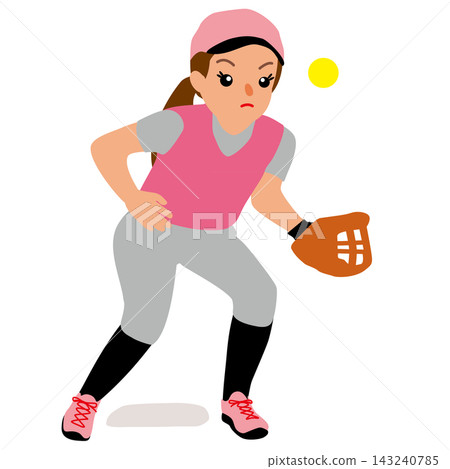 圖中是一位女子壘球運動員,擔任內野手,處於防守位置。 圖中是一位女子壘球運動員,擔任內野手,處於防守位置。 143240785