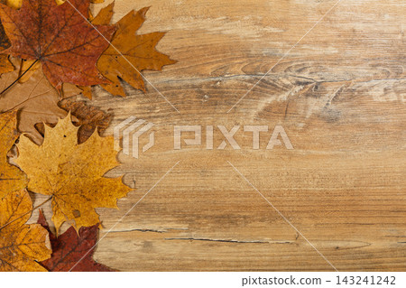 Autumn leaves on a wooden background with copy space for text Autumn leaves on a wooden background with copy space for text 143241242