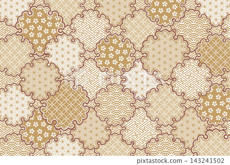 A modern Japanese background featuring a snow crystal pattern and a traditional Japanese design, in gold tones. A modern Japanese background featuring a snow crystal pattern and a traditional Japanese design, in gold tones. 143241502