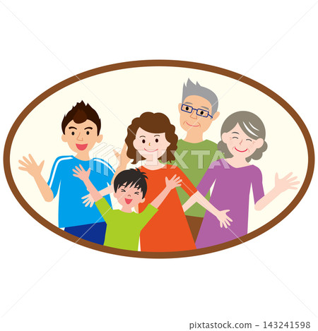 A framed illustration of a three-generation family smiling and waving: vector material of grandparents, a couple, and children. A framed illustration of a three-generation family smiling and waving: vector material of grandparents, a couple, and children. 143241598