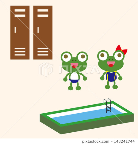 An illustration of a frog heading to swimming lessons, featuring a pool and lockers (vector material). 143241744