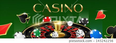 Panoramic banner casino header with golden CASINO text, roulette, chips, dice, and card suits on green background Panoramic banner casino header with golden CASINO text, roulette, chips, dice, and card suits on green background 143242256
