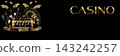 Panoramic banner casino header with golden CASINO text, 777 slot machine, roulette, cards, dice, chips, and sports balls on black background with copy space 143242257