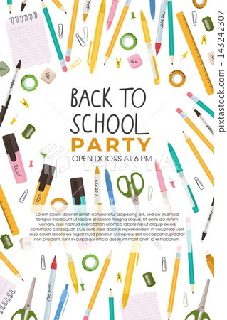 Back to school party flyer with stationery border in flat vector style Back to school party flyer with stationery border in flat vector style 143242307