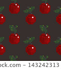 Pixel cherry seamless pattern with green leaves on dark brown background in retro vector style 143242313