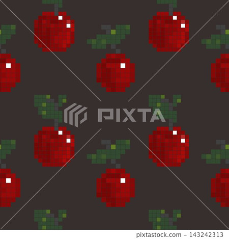 Pixel cherry seamless pattern with green leaves on dark brown background in retro vector style Pixel cherry seamless pattern with green leaves on dark brown background in retro vector style 143242313