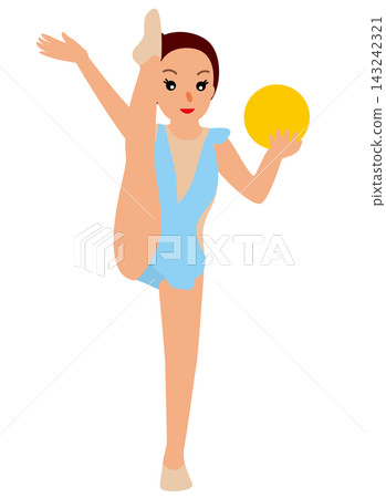 一幅插圖,描繪了一名女子藝術體操運動員單腿站立,一手拿著球,一手在臉前垂直擺動一條腿。 一幅插圖,描繪了一名女子藝術體操運動員單腿站立,一手拿著球,一手在臉前垂直擺動一條腿。 143242321