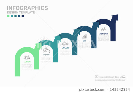 Five-step infographic template with a winding curved arrow line. Vector illustration. 143242554