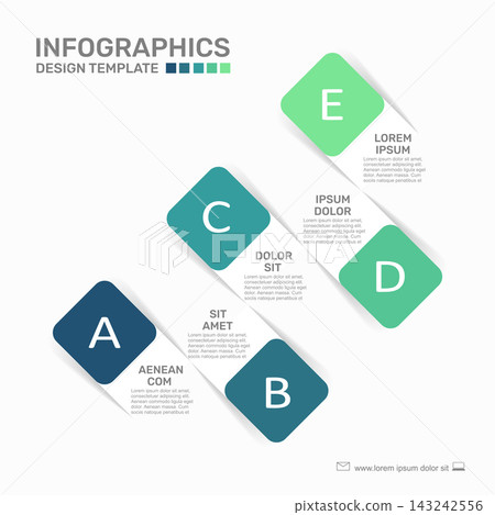 Infographic design template with numbered steps, colorful geometric shapes, line elements. Vector illustration. 143242556