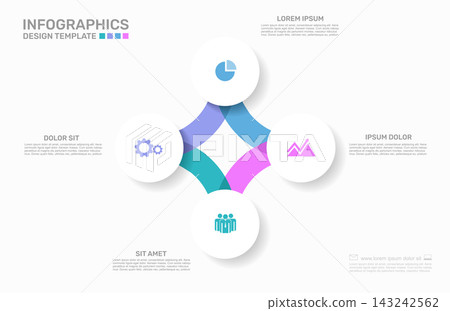 Circular infographics template with colorful steps and business icons for process workflow design. Vector illustration. 143242562