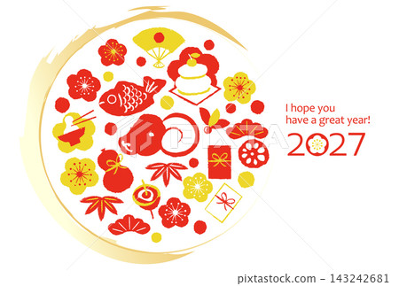 各種新年物品和羊-2027年新年賀卡 各種新年物品和羊-2027年新年賀卡 143242681