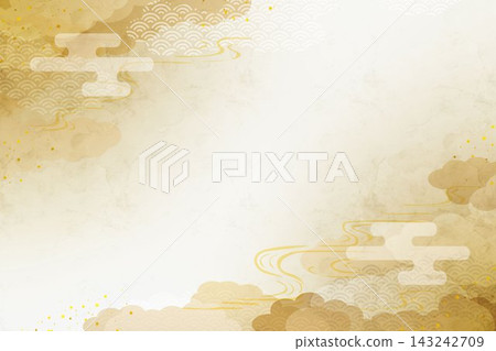 An elegant Japanese paper-style background featuring golden clouds and a wave pattern. An elegant Japanese paper-style background featuring golden clouds and a wave pattern. 143242709