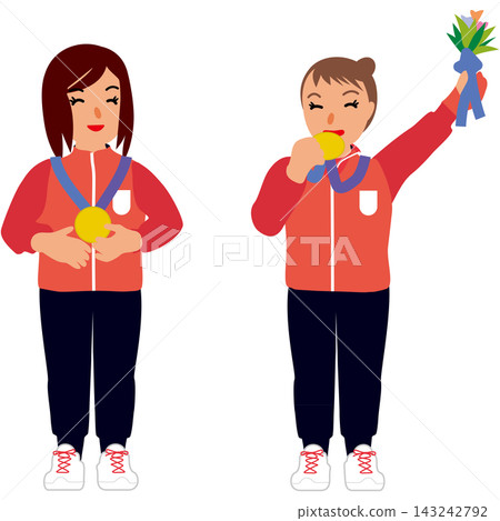 兩位女金牌得主身著正式頒獎禮服,表達她們的喜悅之情。 兩位女金牌得主身著正式頒獎禮服,表達她們的喜悅之情。 143242792