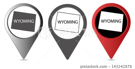 Wyoming state map pin icons set with borders and name Wyoming state map pin icons set with borders and name 143242878