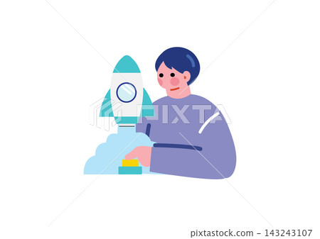 An illustration of a businessman pressing the switch on a rocket. An illustration of a businessman pressing the switch on a rocket. 143243107