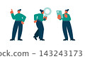 A casual female business figure holding a smartphone and magnifying glass! A set of poses for searching and problem-solving. 143243173