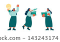 Female office workers holding documents or a lightbulb that sparks inspiration! A set of poses for work improvement and idea generation. 143243174