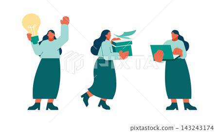 Female office workers holding documents or a lightbulb that sparks inspiration! A set of poses for work improvement and idea generation. Female office workers holding documents or a lightbulb that sparks inspiration! A set of poses for work improvement and idea generation. 143243174