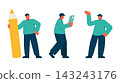 A man taking notes with a large pencil and raising his hand to explain! A pose set that can be used for planning and service introductions. 143243176