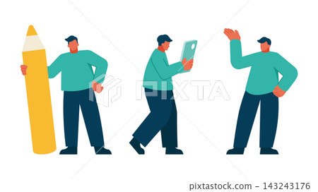 一位男士正用大鉛筆做筆記,不時舉手解釋!這組姿勢可用於活動規劃和服務介紹。 一位男士正用大鉛筆做筆記,不時舉手解釋!這組姿勢可用於活動規劃和服務介紹。 143243176
